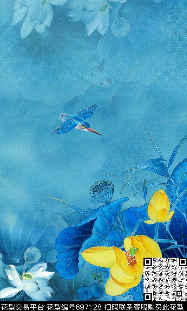 水墨荷花中国风定位花花卉数码印花华亿平台下载（图片编号: 697128） - 瓦栏（Walan）
