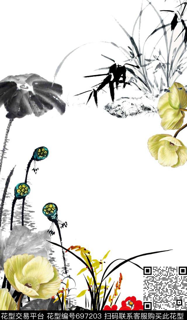 荷花花朵花卉数码印花华亿平台下载（图片编号: 697203） - 瓦栏（Walan）
