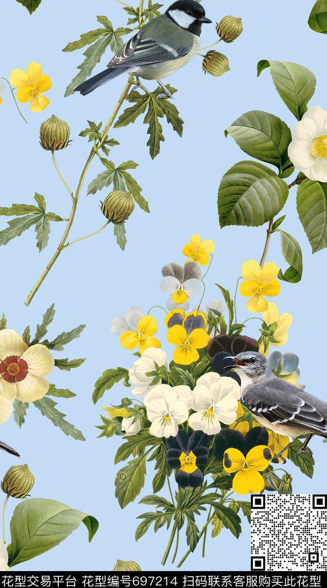 复古花鸟山茶花绣球花数码印花华亿平台下载（图片编号: 697214） - 瓦栏（Walan）