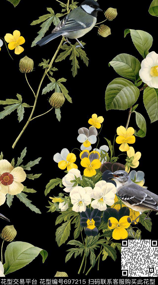 复古花鸟山茶花绣球花数码印花华亿平台下载（图片编号: 697215） - 瓦栏（Walan）