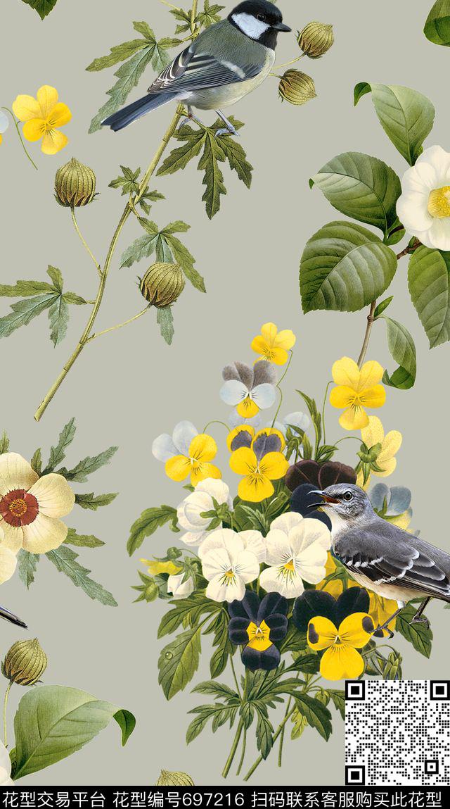 复古花鸟山茶花小鸟数码印花华亿平台下载（图片编号: 697216） - 瓦栏（Walan）