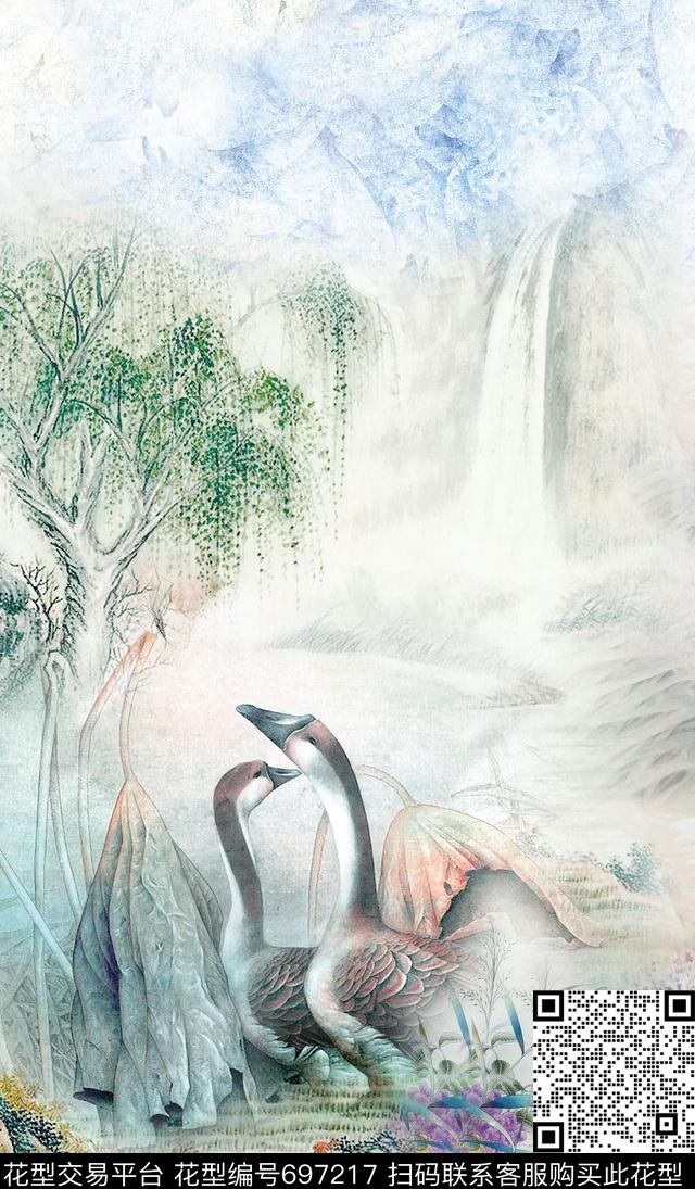 工笔鸭子山川数码印花华亿平台下载（图片编号: 697217） - 瓦栏（Walan）