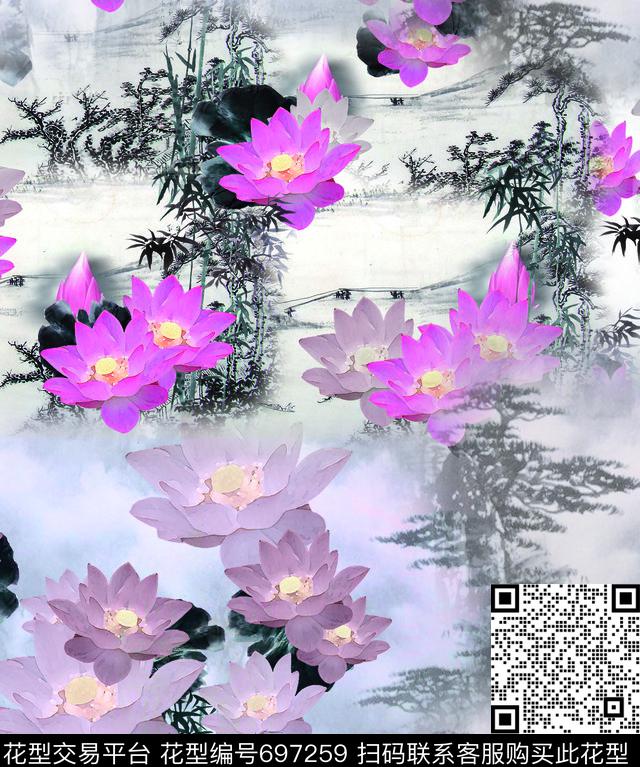 风景荷花花朵数码印花华亿平台下载（图片编号: 697259） - 瓦栏（Walan）