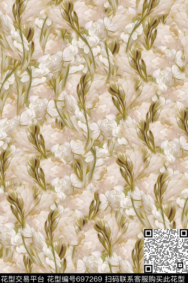 手绘油画风格花朵数码印花华亿平台下载（图片编号: 697269） - 瓦栏（Walan）