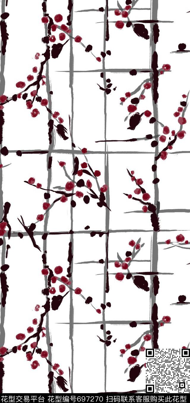 东方韵域手绘中国风水墨花卉水墨条纹方格数码印花华亿平台下载（图片编号: 697270） - 瓦栏（Walan）