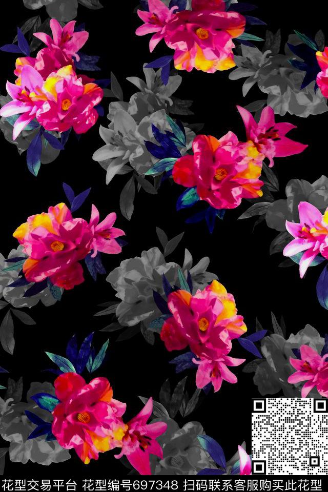 浪漫暗影花卉数码印花华亿平台下载（图片编号: 697348） - 瓦栏（Walan）