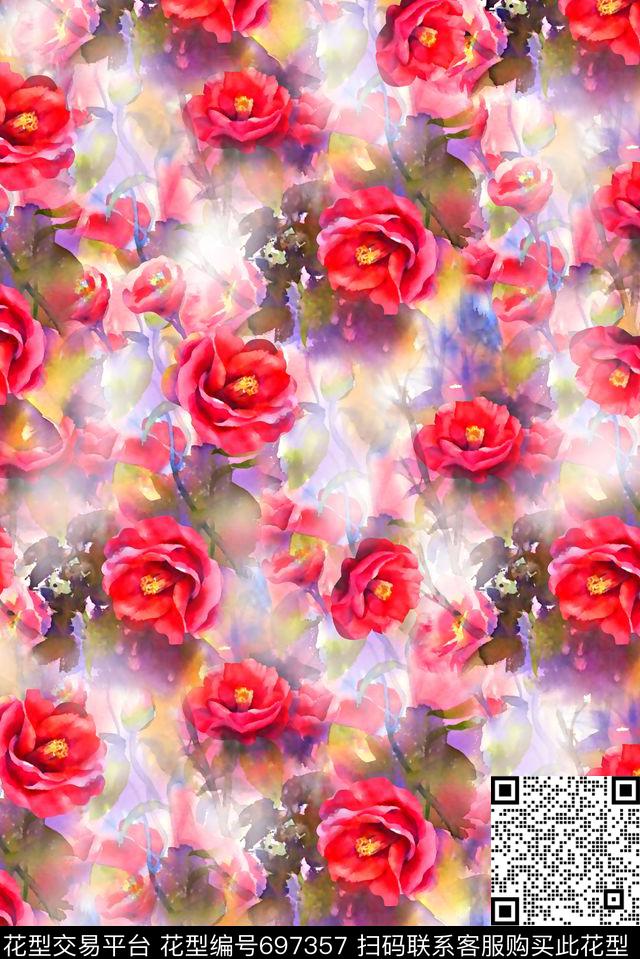 抽象手绘满版花卉最新高清数码水彩花卉时尚潮流大牌复古欧美风女装花卉数码印花华亿平台下载（图片编号: 697357） - 瓦栏（Walan）