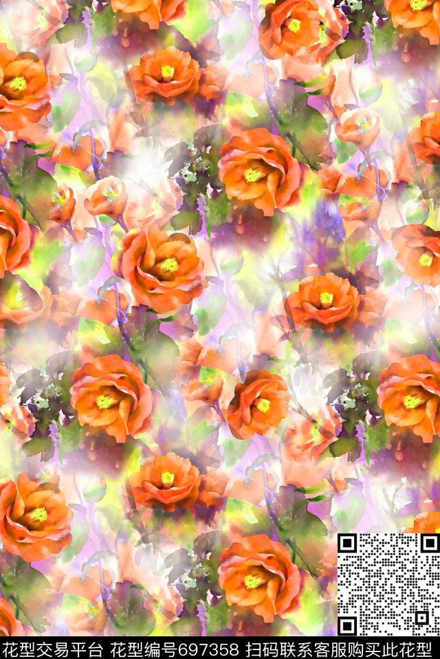 抽象手绘满版花卉最新高清数码水彩花卉时尚潮流大牌复古欧美风女装花卉数码印花华亿平台下载（图片编号: 697358） - 瓦栏（Walan）