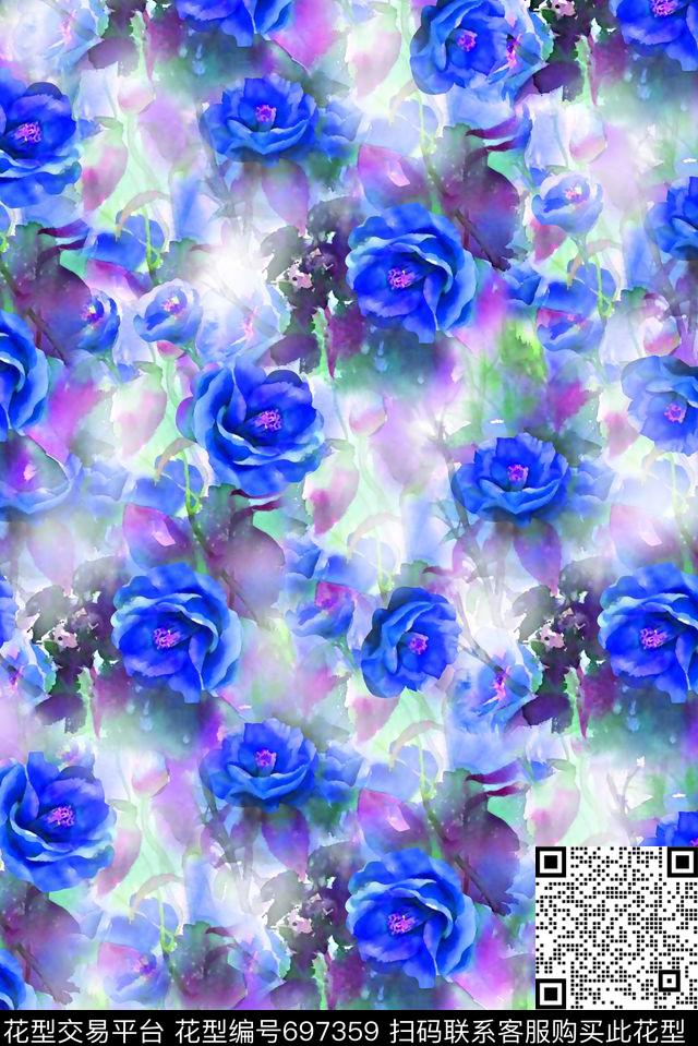 抽象手绘满版花卉最新高清数码水彩花卉时尚潮流大牌复古欧美风女装花卉数码印花华亿平台下载（图片编号: 697359） - 瓦栏（Walan）