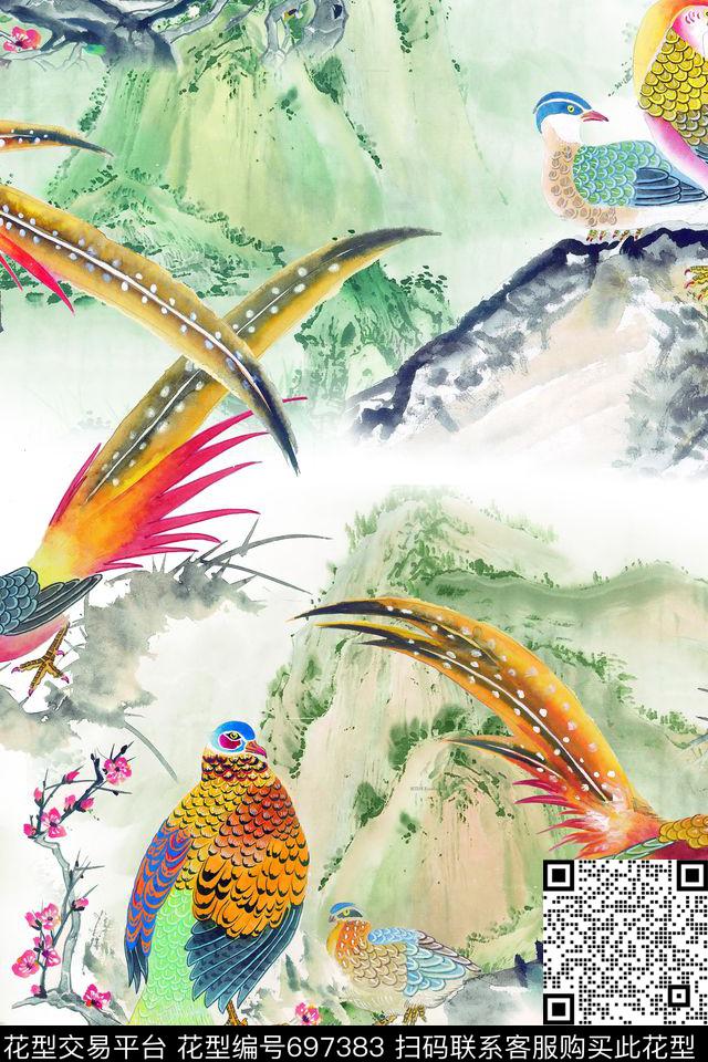 吉祥鸟锦鸡中国山水数码印花华亿平台下载（图片编号: 697383） - 瓦栏（Walan）
