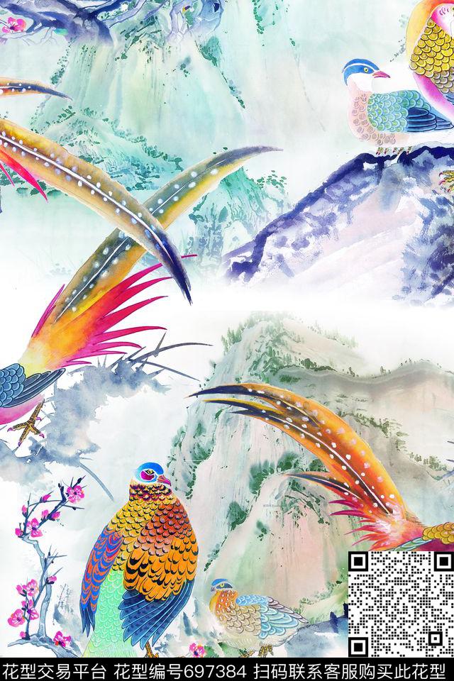 吉祥鸟锦鸡中国山水数码印花华亿平台下载（图片编号: 697384） - 瓦栏（Walan）