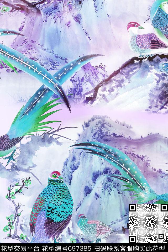 吉祥鸟锦鸡中国山水数码印花华亿平台下载（图片编号: 697385） - 瓦栏（Walan）