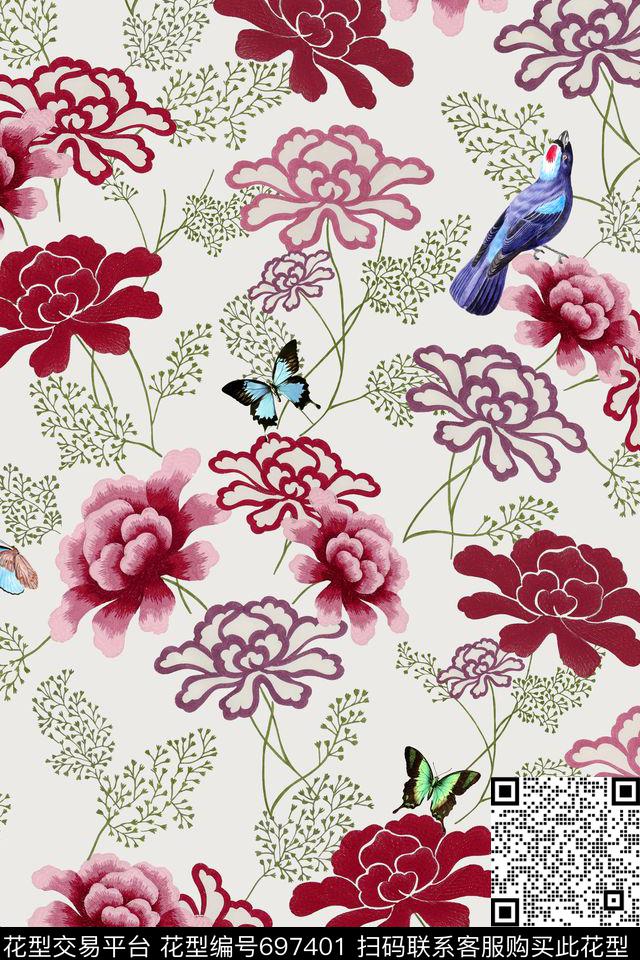 时尚手绘花卉数码印花华亿平台下载（图片编号: 697401） - 瓦栏（Walan）