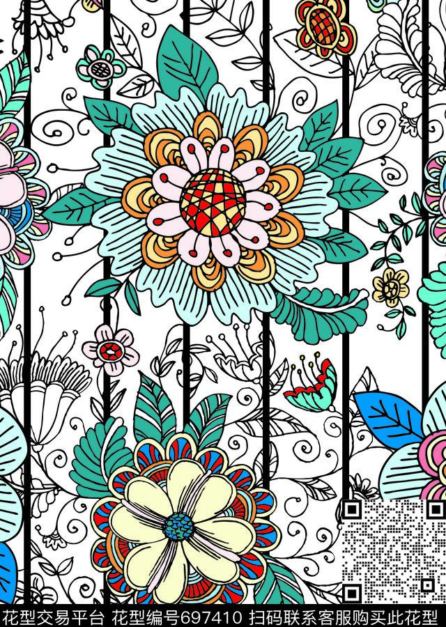 花朵大花手绘花传统印花华亿平台下载（图片编号: 697410） - 瓦栏（Walan）