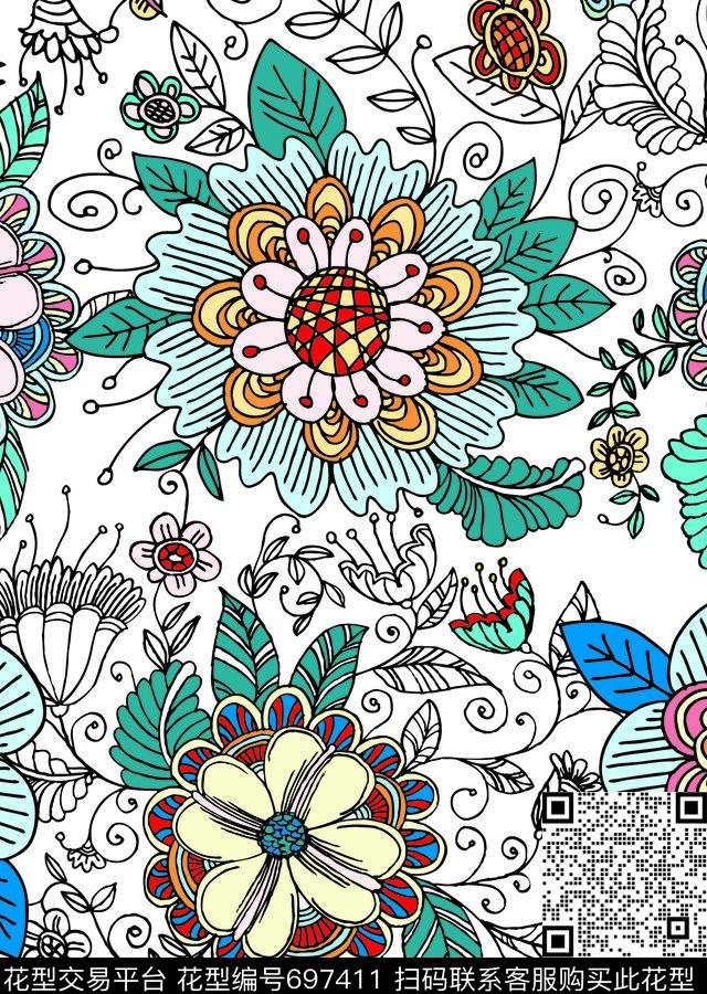 花朵大花手绘花传统印花华亿平台下载（图片编号: 697411） - 瓦栏（Walan）