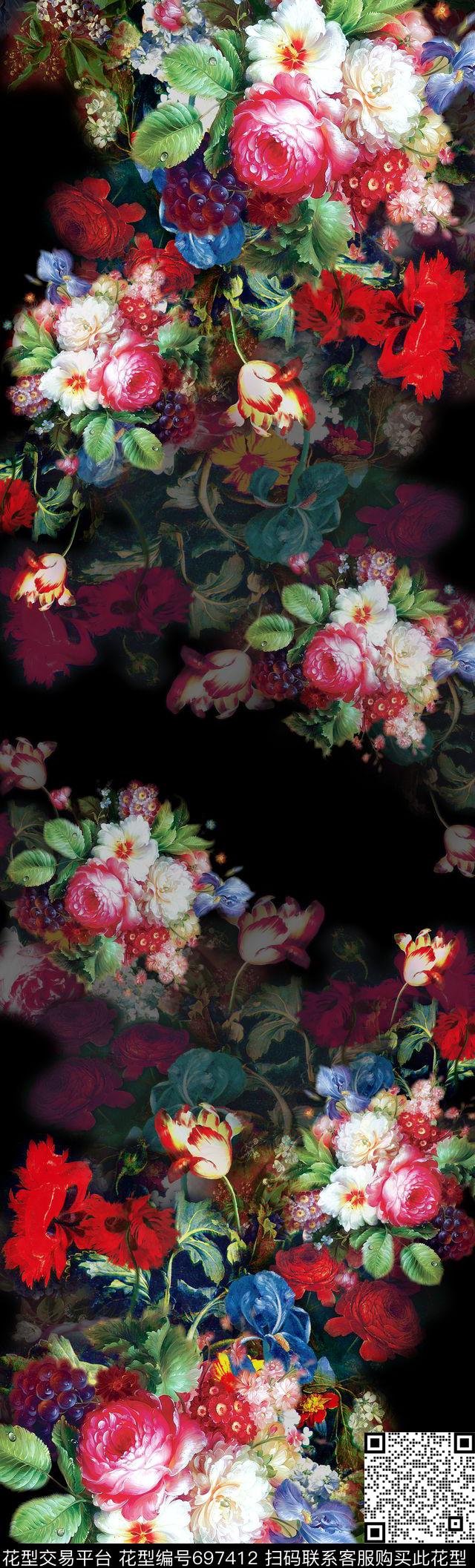 披肩长巾花卉油画数码印花华亿平台下载（图片编号: 697412） - 瓦栏（Walan）