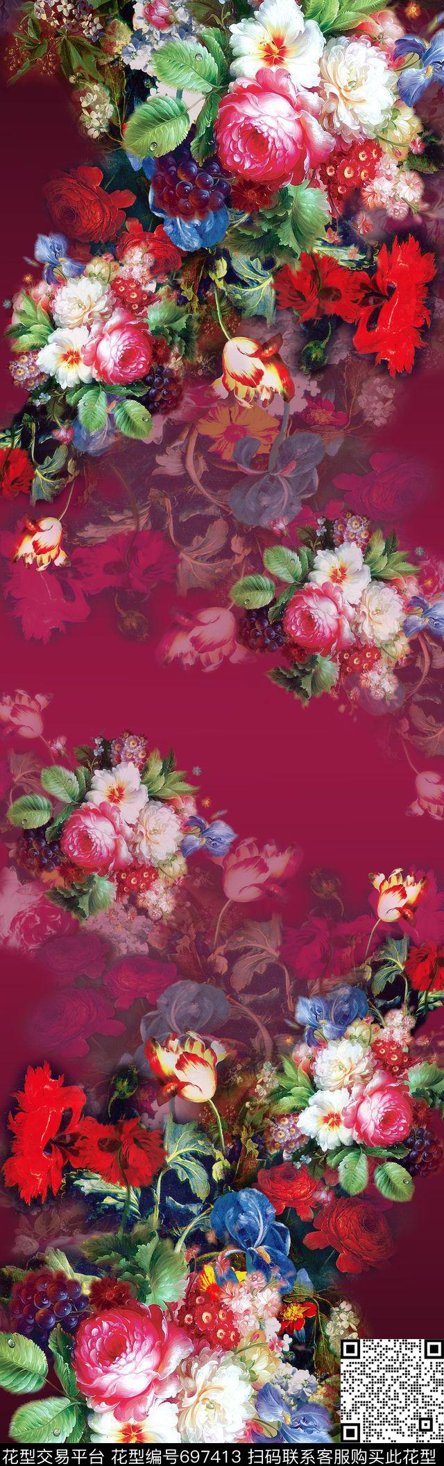 披肩长巾花卉油画数码印花华亿平台下载（图片编号: 697413） - 瓦栏（Walan）