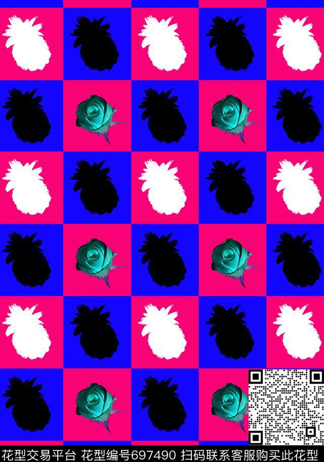 几何方块玫瑰菠萝传统印花华亿平台下载（图片编号: 697490） - 瓦栏（Walan）