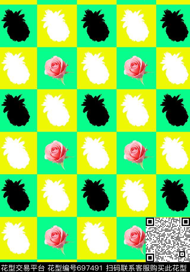 几何方块玫瑰菠萝传统印花华亿平台下载（图片编号: 697491） - 瓦栏（Walan）
