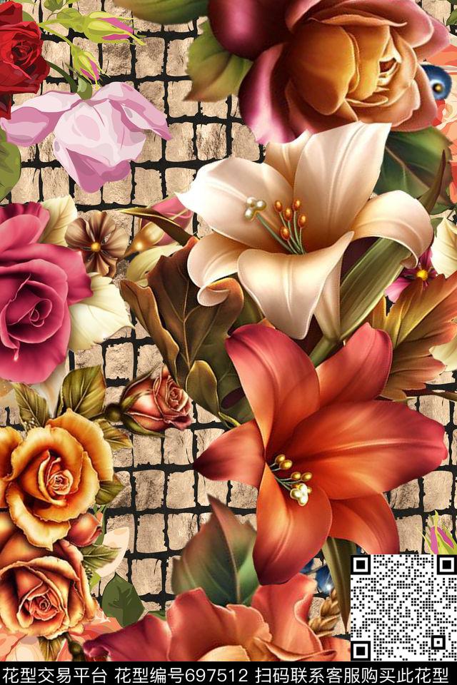 latticeflowersromantic数码印花华亿平台下载（图片编号: 697512） - 瓦栏（Walan）