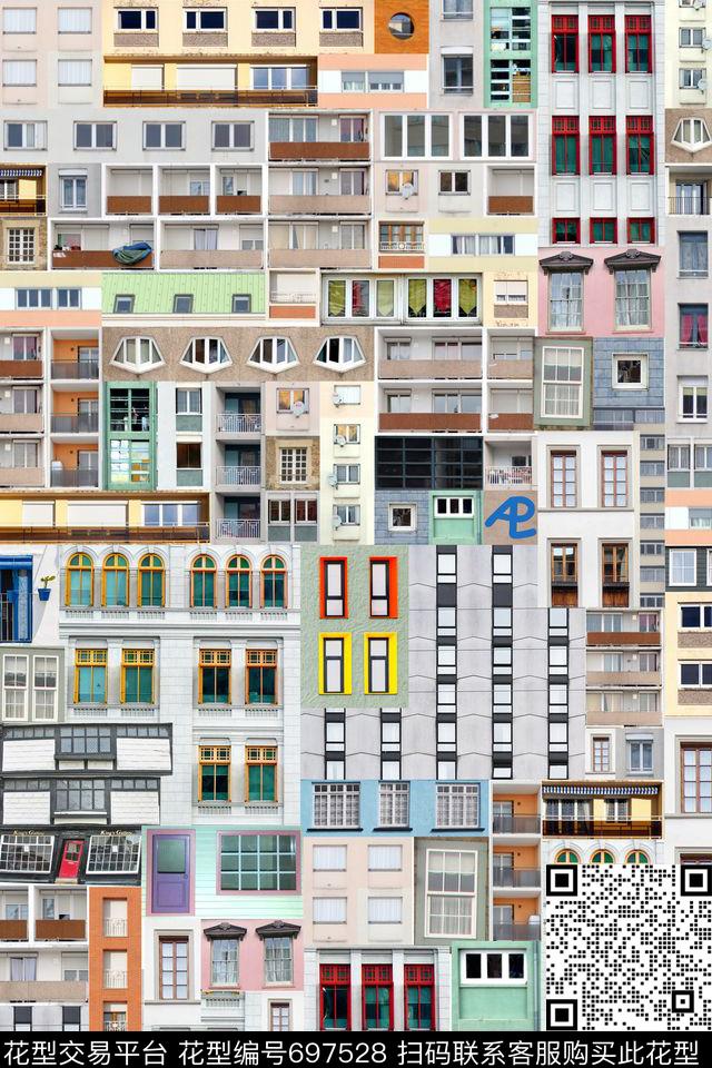 几何格子建筑风景数码印花华亿平台下载（图片编号: 697528） - 瓦栏（Walan）