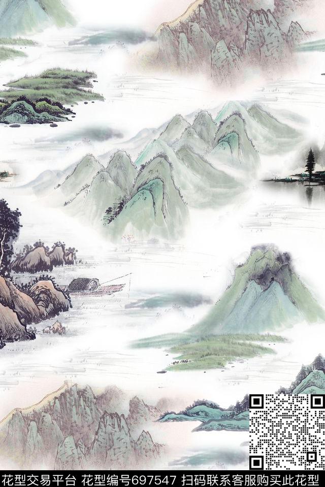 山川山脉中国风风景数码印花华亿平台下载（图片编号: 697547） - 瓦栏（Walan）