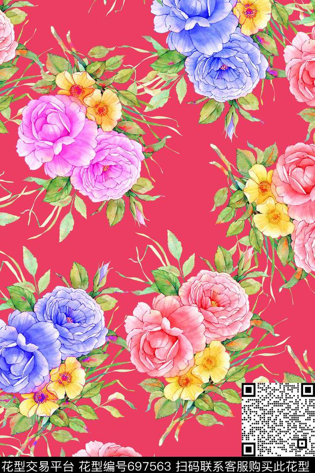 玫瑰大花花朵数码印花华亿平台下载（图片编号: 697563） - 瓦栏（Walan）