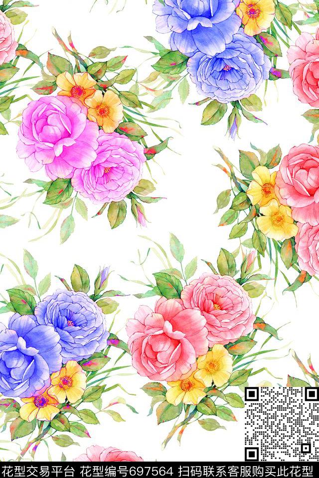 玫瑰大花花朵数码印花华亿平台下载（图片编号: 697564） - 瓦栏（Walan）