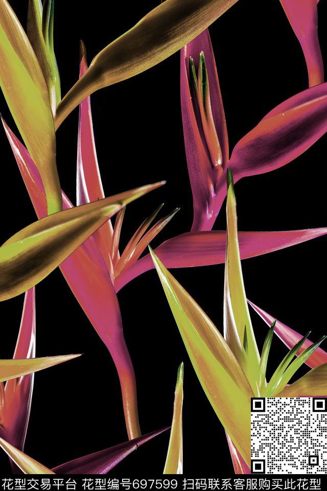 天堂鸟花朵简约数码印花华亿平台下载（图片编号: 697599） - 瓦栏（Walan）