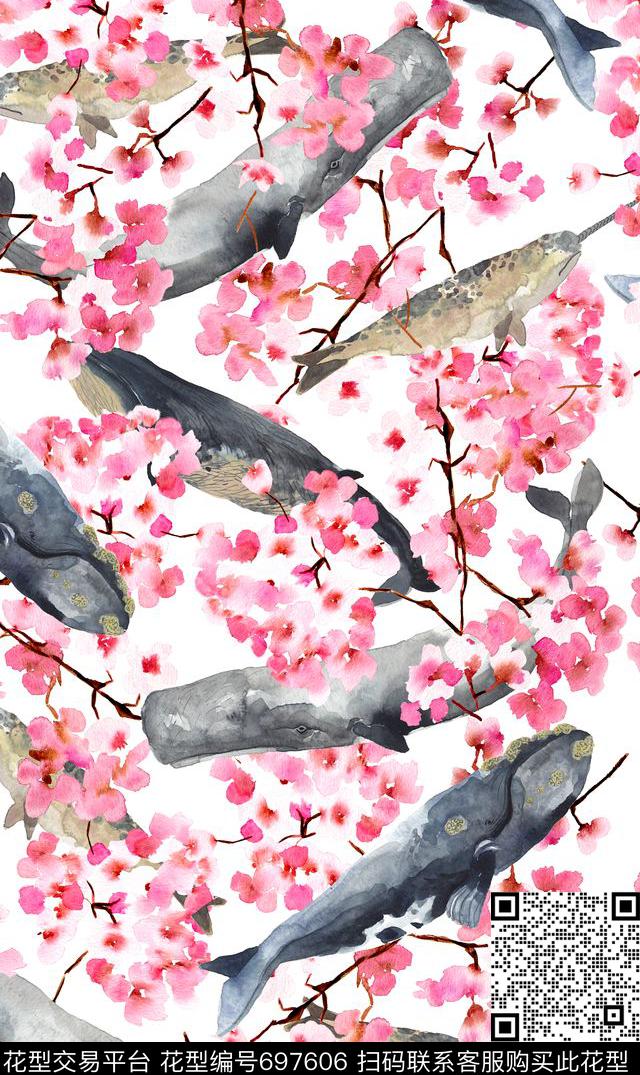水彩手绘花卉海洋鱼类手绘水彩水墨桃花数码印花华亿平台下载（图片编号: 697606） - 瓦栏（Walan）