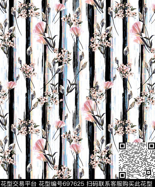 水彩花卉竖条复古花卉数码印花华亿平台下载（图片编号: 697625） - 瓦栏（Walan）
