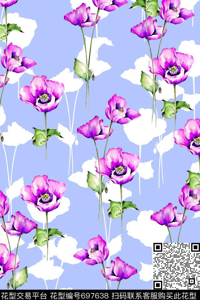 抽象手绘满版花卉最新高清数码水彩花卉清爽花卉数码印花华亿平台下载（图片编号: 697638） - 瓦栏（Walan）