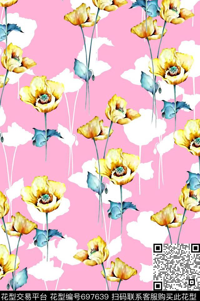 抽象手绘满版花卉最新高清数码水彩花卉清爽花卉数码印花华亿平台下载（图片编号: 697639） - 瓦栏（Walan）