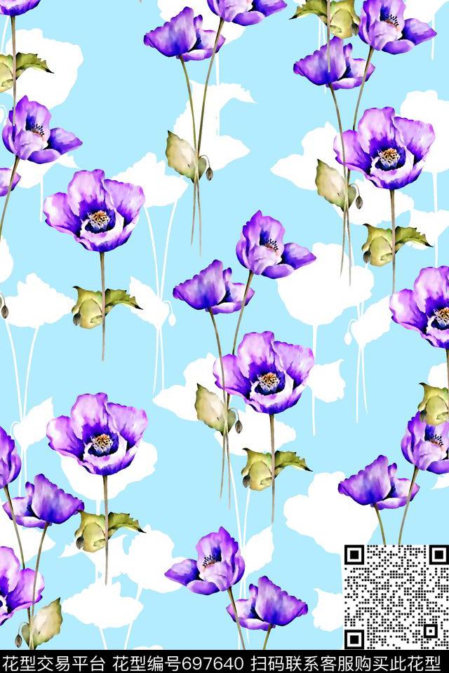 抽象手绘满版花卉最新高清数码水彩花卉清爽花卉数码印花华亿平台下载（图片编号: 697640） - 瓦栏（Walan）