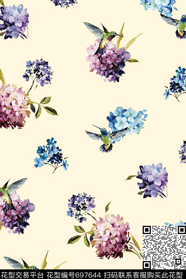 抽象手绘满版花卉最新高清数码水彩花卉绣球花数码印花华亿平台下载（图片编号: 697644） - 瓦栏（Walan）