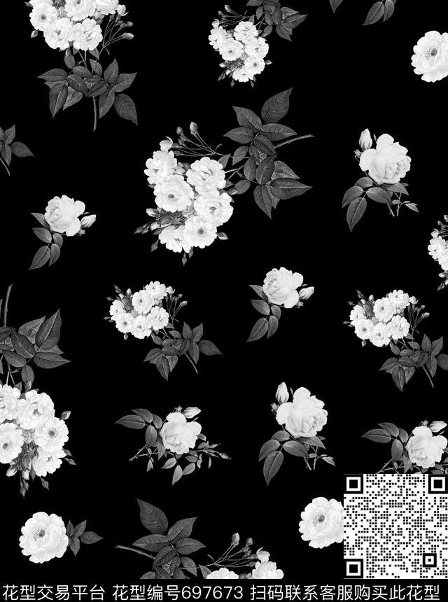 黑白花卉玫瑰花卉数码印花华亿平台下载（图片编号: 697673） - 瓦栏（Walan）