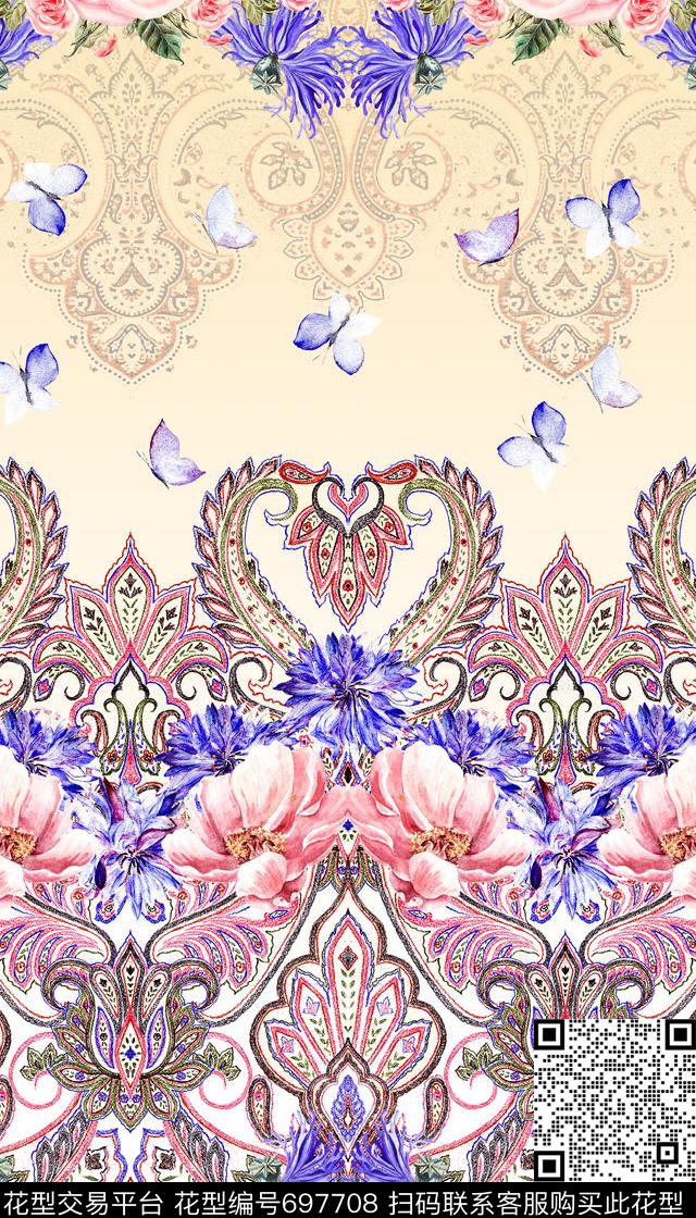 佩斯利水彩花卉蝴蝶数码印花华亿平台下载（图片编号: 697708） - 瓦栏（Walan）