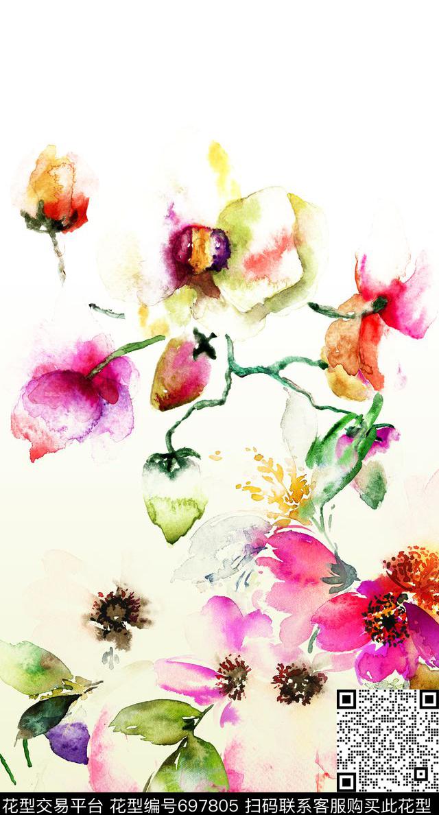 淡雅手绘水彩数码印花华亿平台下载（图片编号: 697805） - 瓦栏（Walan）