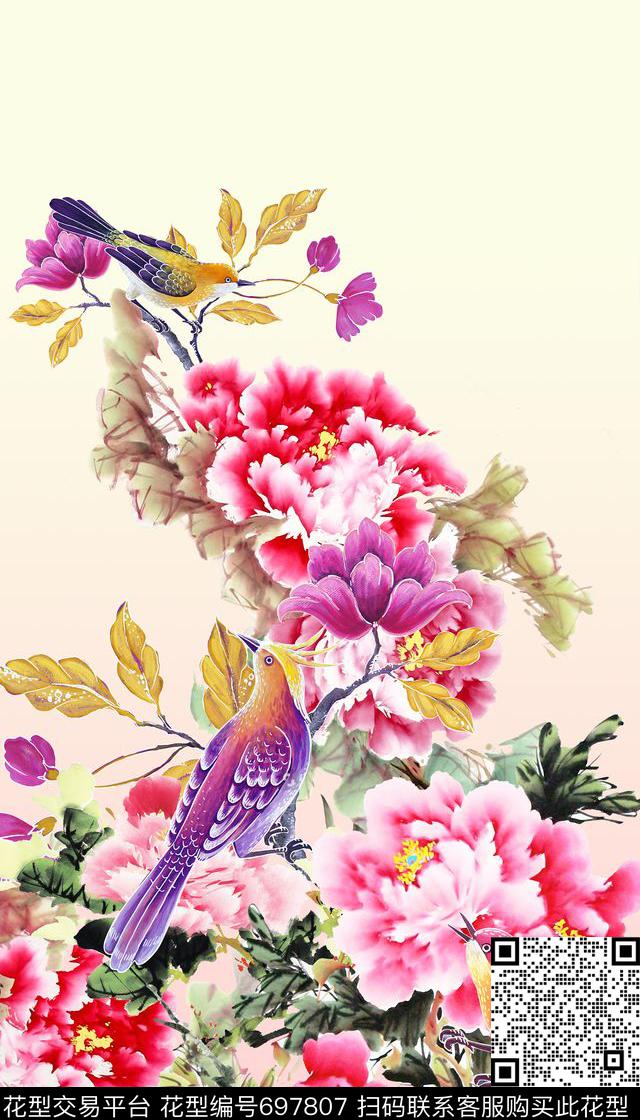 牡丹鸟中国风数码印花华亿平台下载（图片编号: 697807） - 瓦栏（Walan）