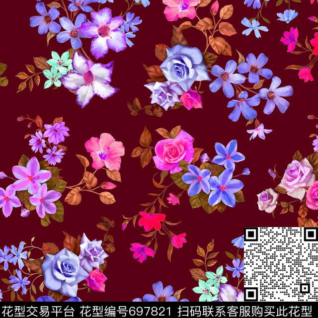 牵牛花菊花乱花数码印花华亿平台下载（图片编号: 697821） - 瓦栏（Walan）