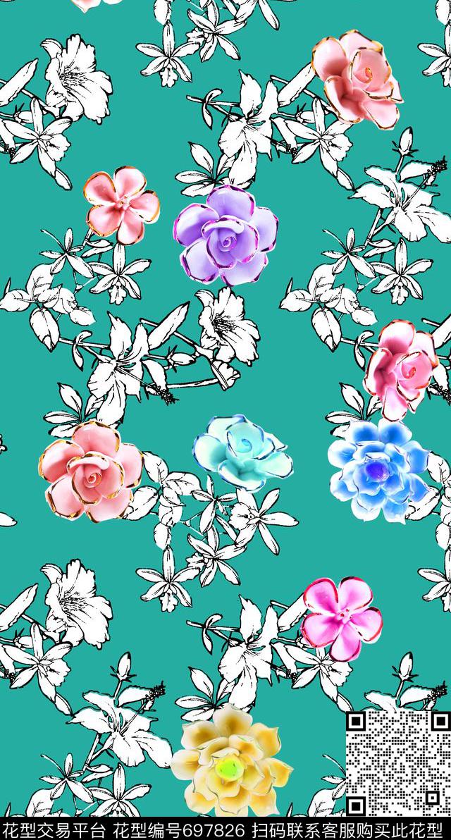 MAX-热带风情荷花兰花数码印花华亿平台下载（图片编号: 697826） - 瓦栏（Walan）