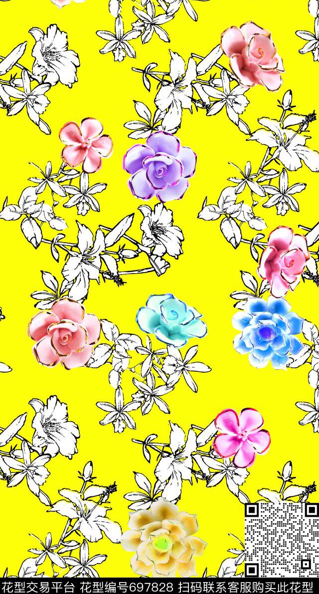 MAX-热带风情荷花兰花数码印花华亿平台下载（图片编号: 697828） - 瓦栏（Walan）