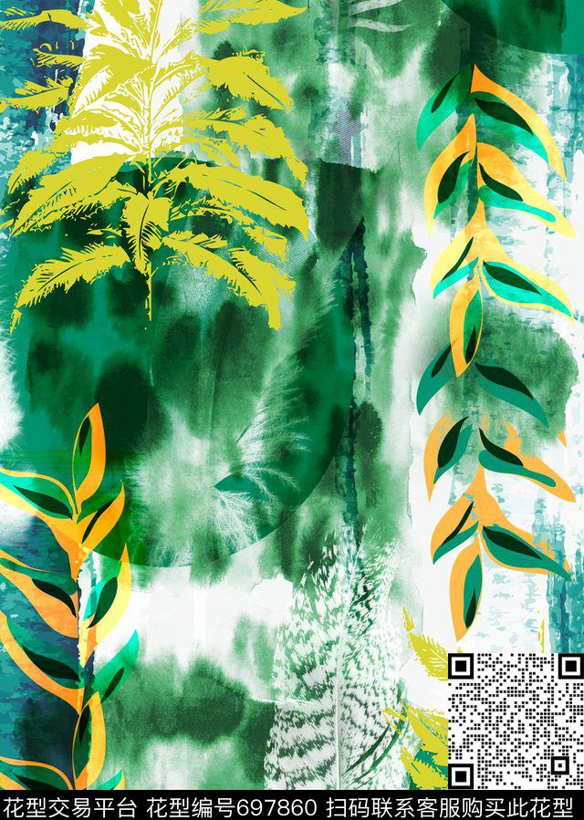 清爽花卉清新羽毛数码印花华亿平台下载（图片编号: 697860） - 瓦栏（Walan）