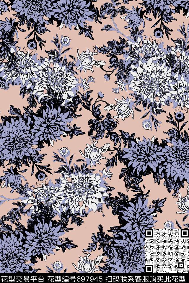 花瓣菊花兰花传统印花华亿平台下载（图片编号: 697945） - 瓦栏（Walan）