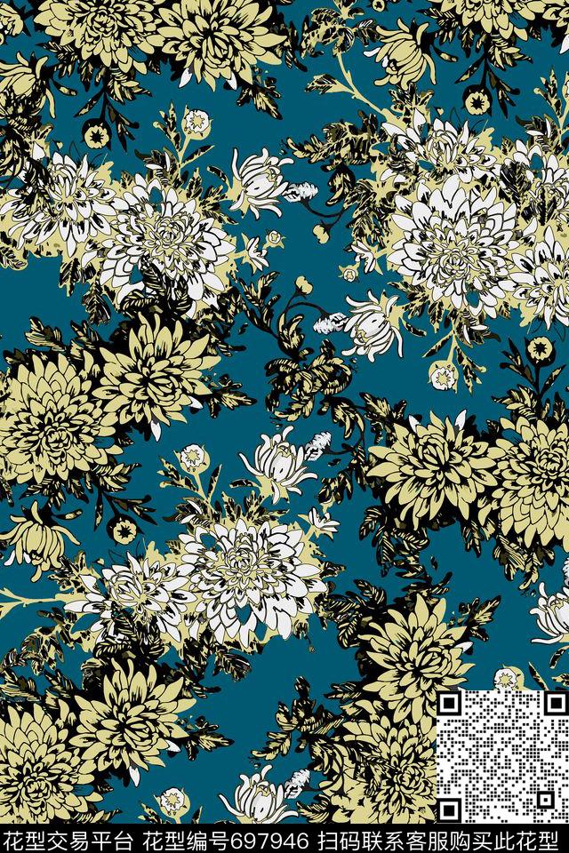 花瓣菊花兰花传统印花华亿平台下载（图片编号: 697946） - 瓦栏（Walan）