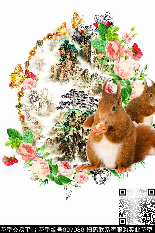 蝴蝶花朵玫瑰珠宝宝石数码印花华亿平台下载（图片编号: 697986） - 瓦栏（Walan）