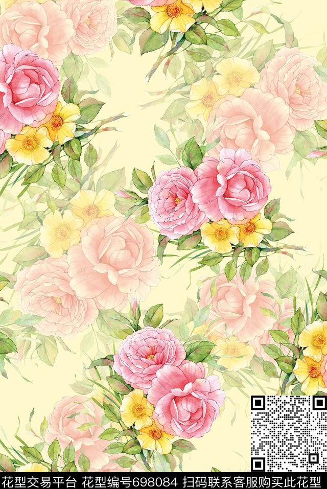 牡丹玫瑰花朵数码印花华亿平台下载（图片编号: 698084） - 瓦栏（Walan）