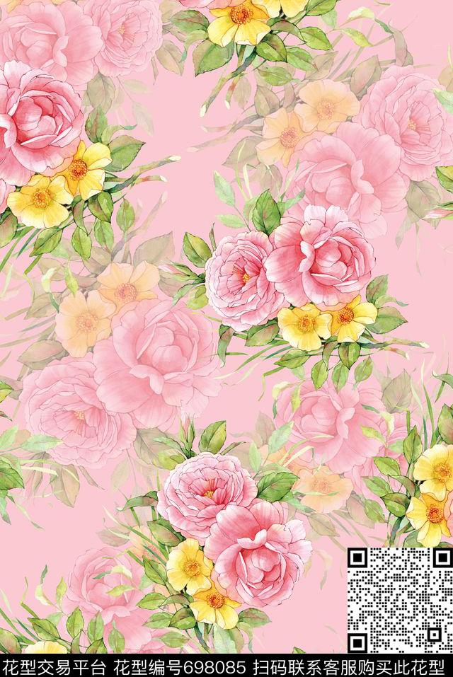 牡丹玫瑰花朵数码印花华亿平台下载（图片编号: 698085） - 瓦栏（Walan）