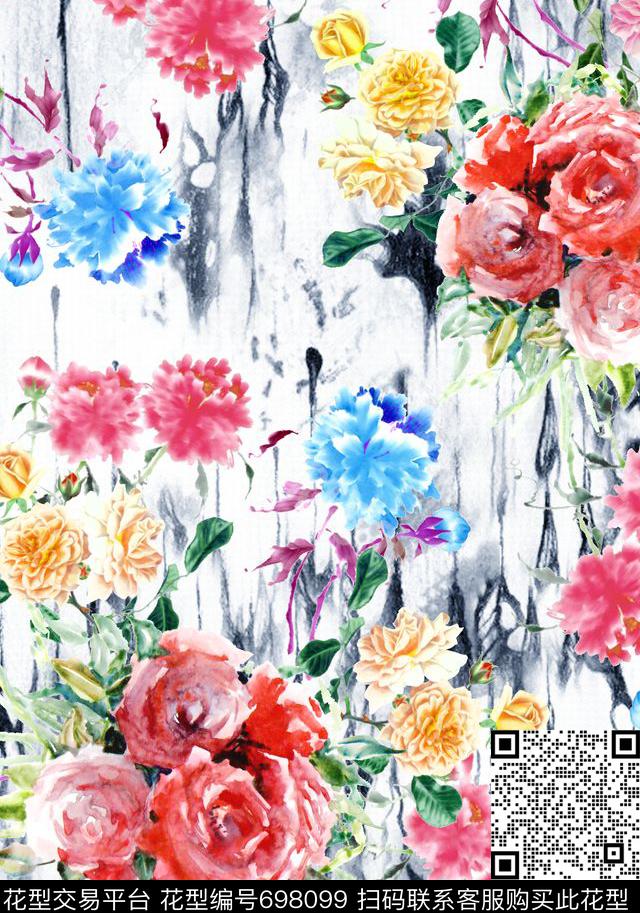 花卉水彩数码印花华亿平台下载（图片编号: 698099） - 瓦栏（Walan）