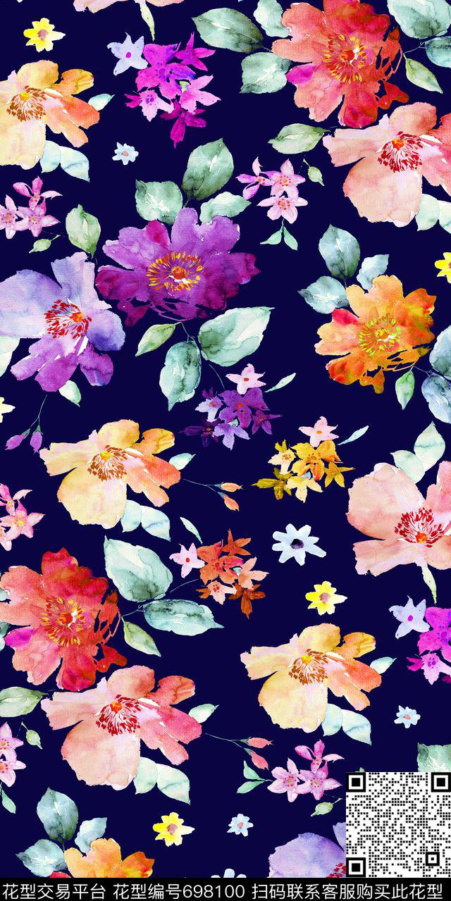 大花花朵花卉传统印花华亿平台下载（图片编号: 698100） - 瓦栏（Walan）
